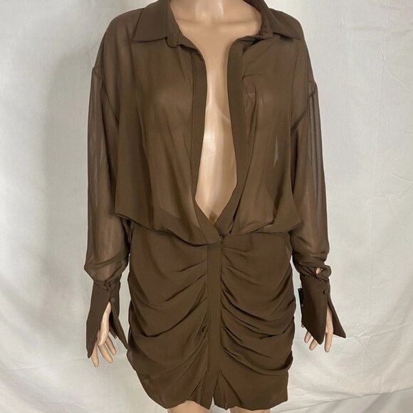 NEW HOUSE OF CB Women's Deep V-Neck Puff Skirt Mini Dress Size XL Brown - Picture 6 of 7